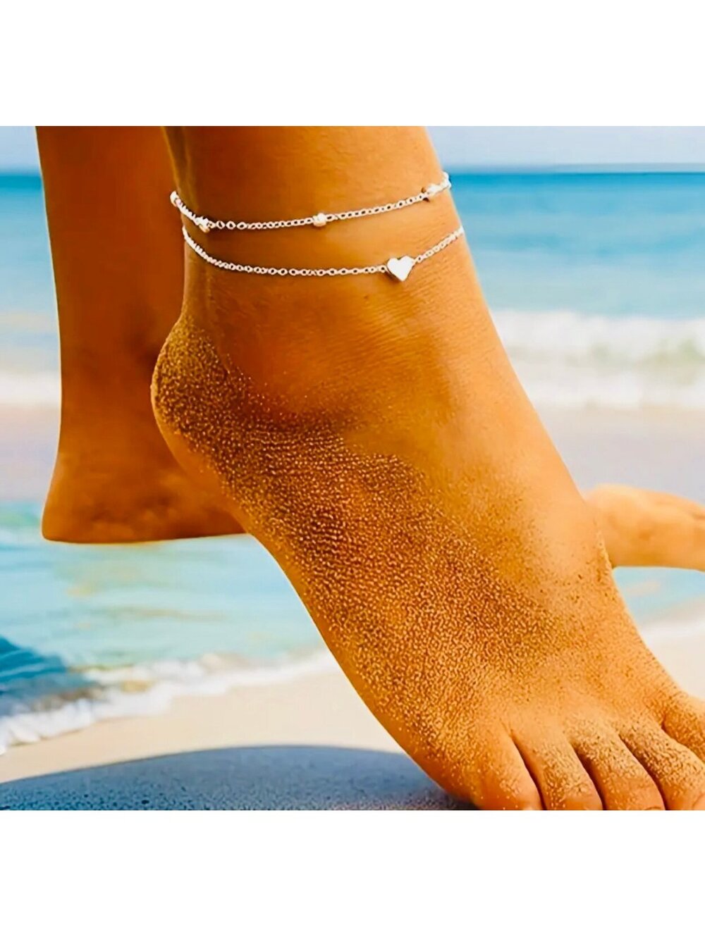 New - Retro - 14K White Gold Double Layered - Heart Shaped Anklet